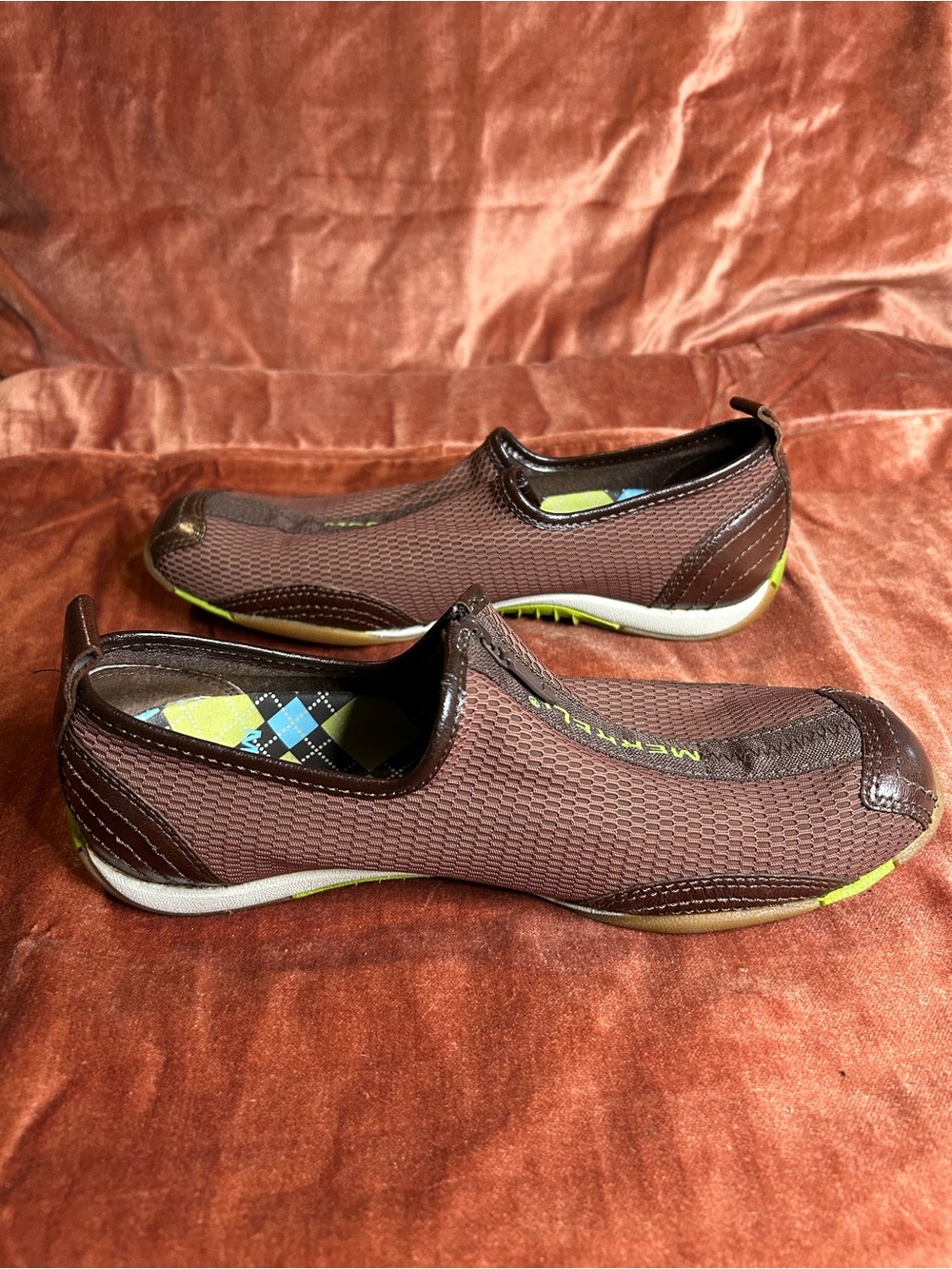 Merrell Brown Slip-On Casual Loafers with Lime Accents